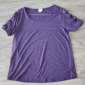 Late August Top Purple Womens L Short Sleeve Cut Out Bows Metal Center Clasps